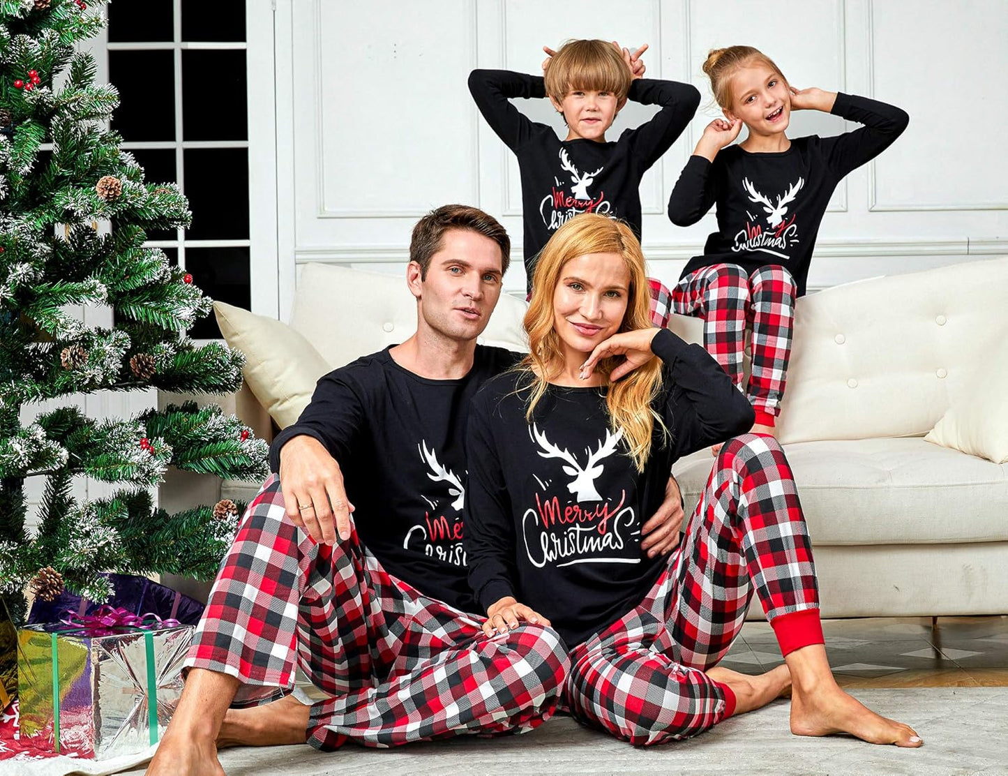 Family Christmas PJS Matching Set Cotton Reindeer Plaid Pajamas with Pet & Doll