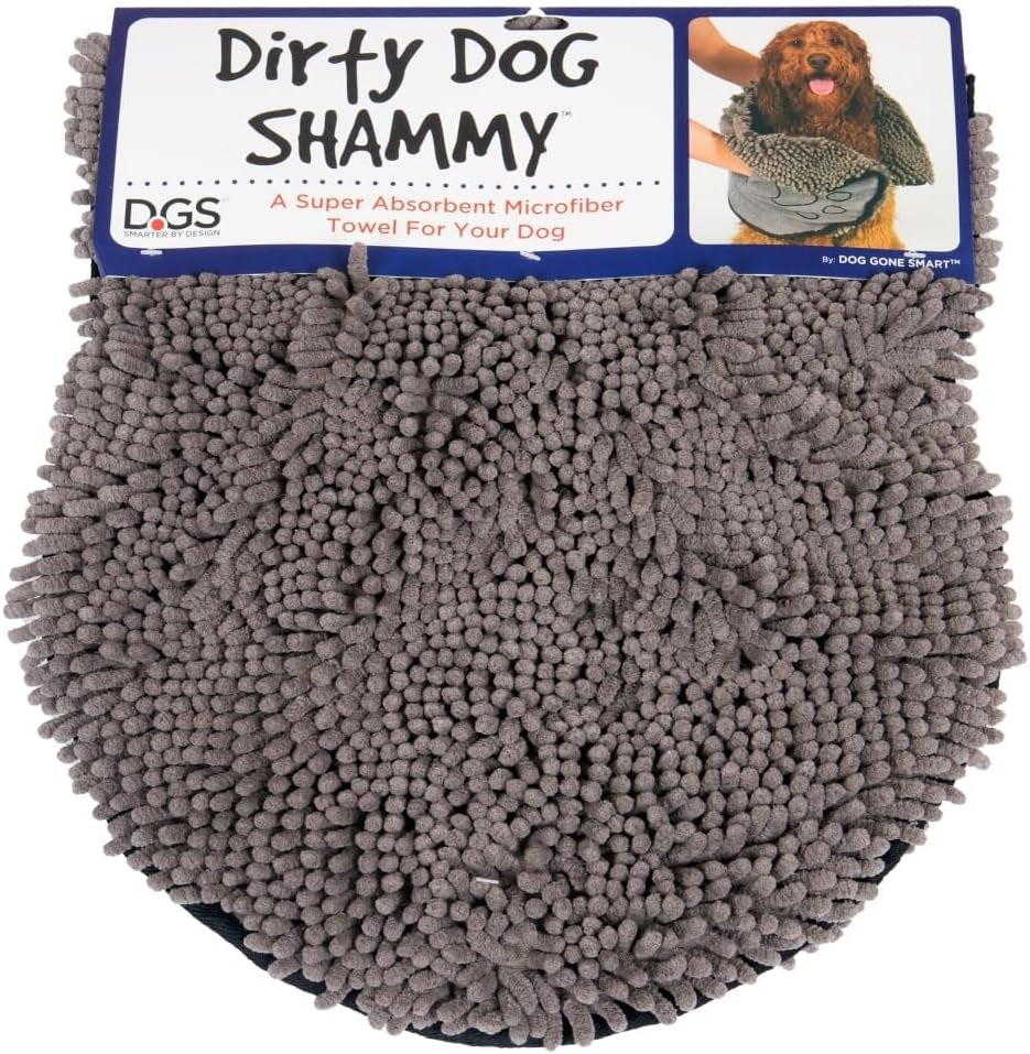 the Dirty Dog Shammy - Antimicrobial Microfiber Dog Towel for Odor Control, Fast-Drying Plush, Dual Hand Pockets & Elastic, Super Absorbent, Machine Washable, 31 X 13 In, Grey