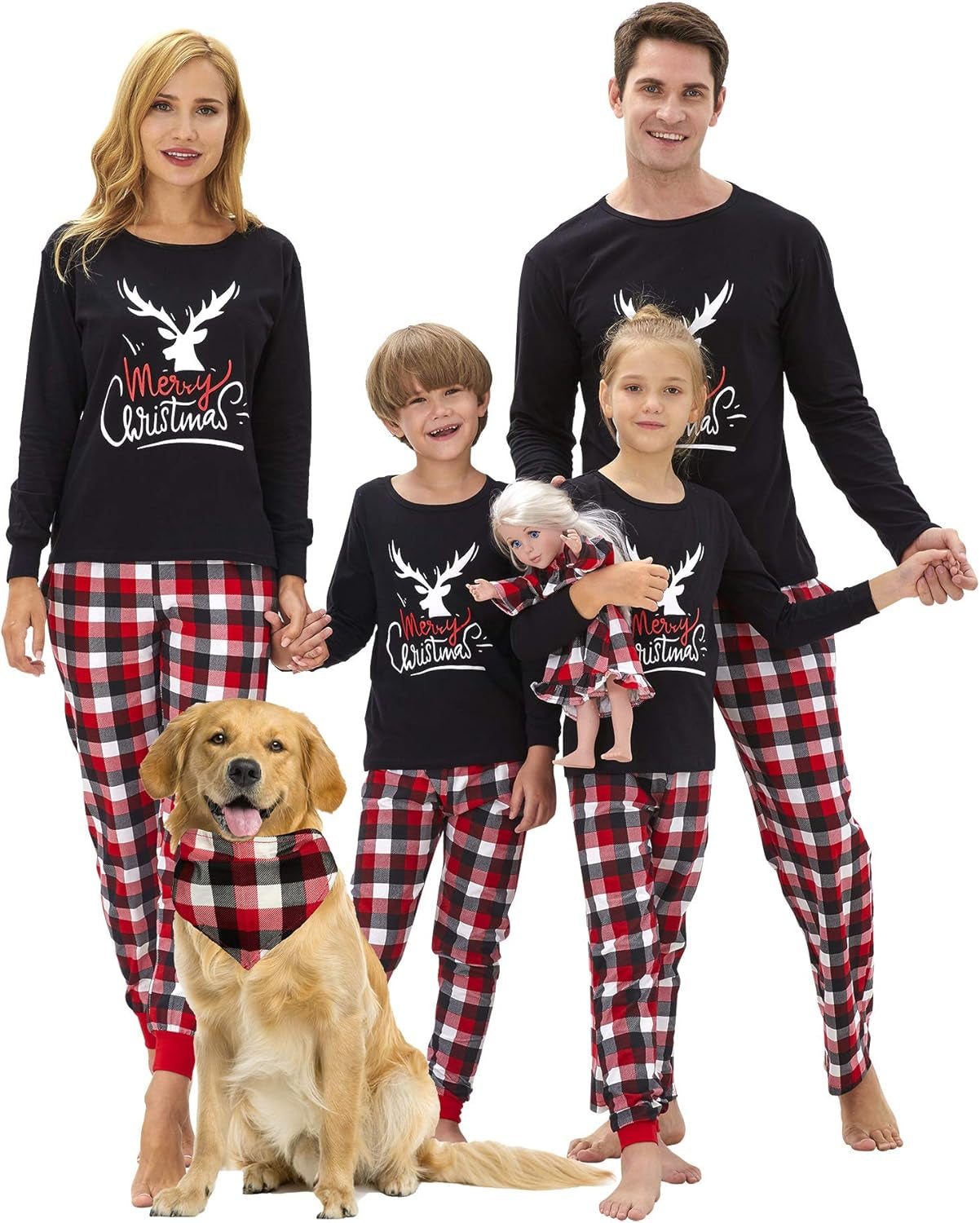 Family Christmas PJS Matching Set Cotton Reindeer Plaid Pajamas with Pet & Doll