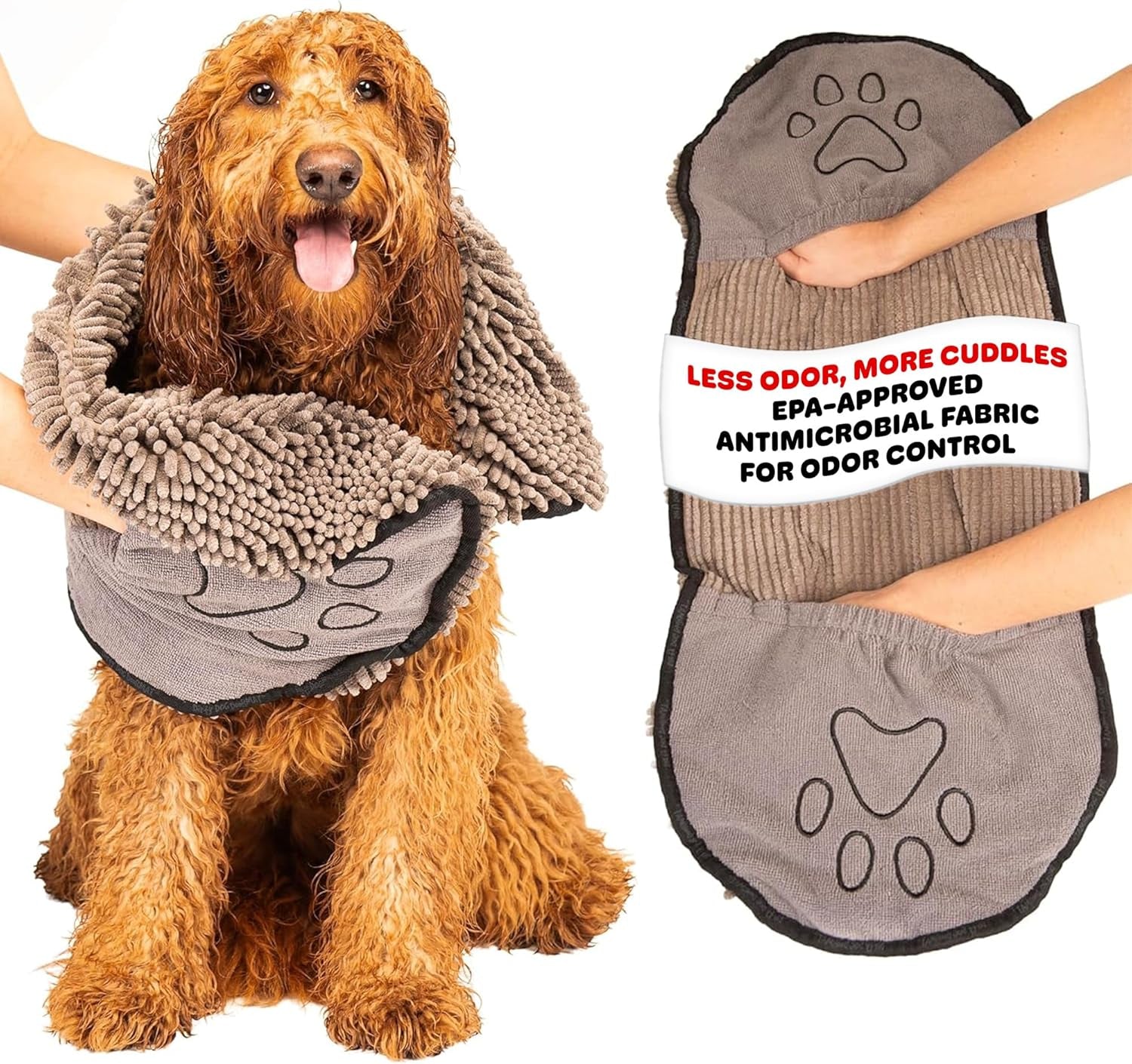 the Dirty Dog Shammy - Antimicrobial Microfiber Dog Towel for Odor Control, Fast-Drying Plush, Dual Hand Pockets & Elastic, Super Absorbent, Machine Washable, 31 X 13 In, Grey