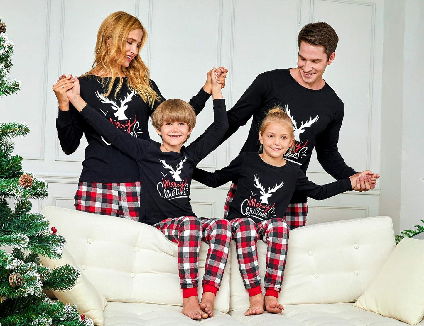 Family Christmas PJS Matching Set Cotton Reindeer Plaid Pajamas with Pet & Doll