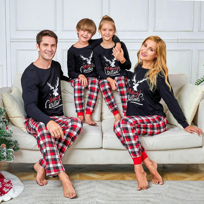 Family Christmas PJS Matching Set Cotton Reindeer Plaid Pajamas with Pet & Doll