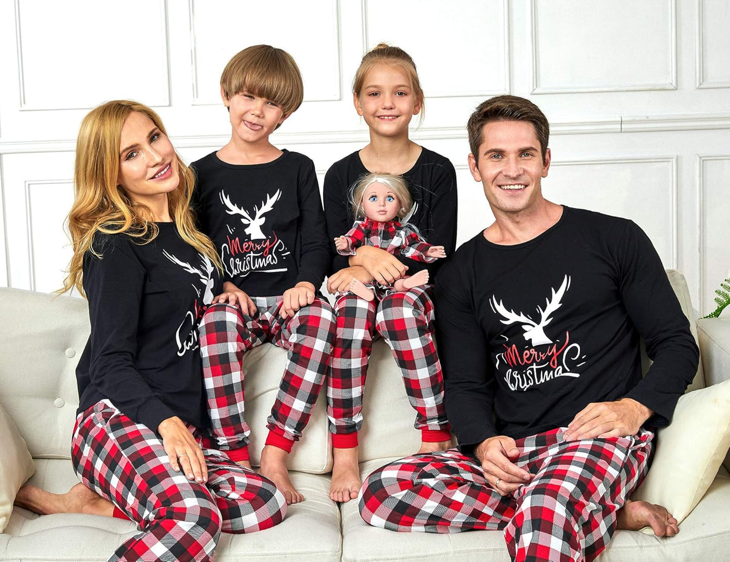 Family Christmas PJS Matching Set Cotton Reindeer Plaid Pajamas with Pet & Doll