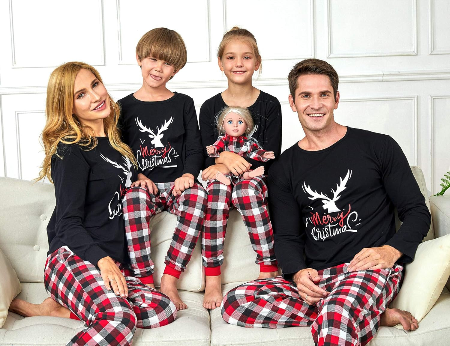 Family Christmas PJS Matching Set Cotton Reindeer Plaid Pajamas with Pet & Doll