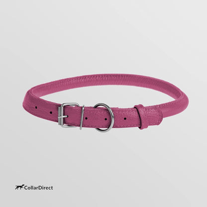 Rolled Leather Dog Collar, Soft Padded round Puppy Collar, Handmade Genuine Leather Collar for Dog Small Large Cat Collars Black Pink Red Purple Blue (Total Length 9", Pink)